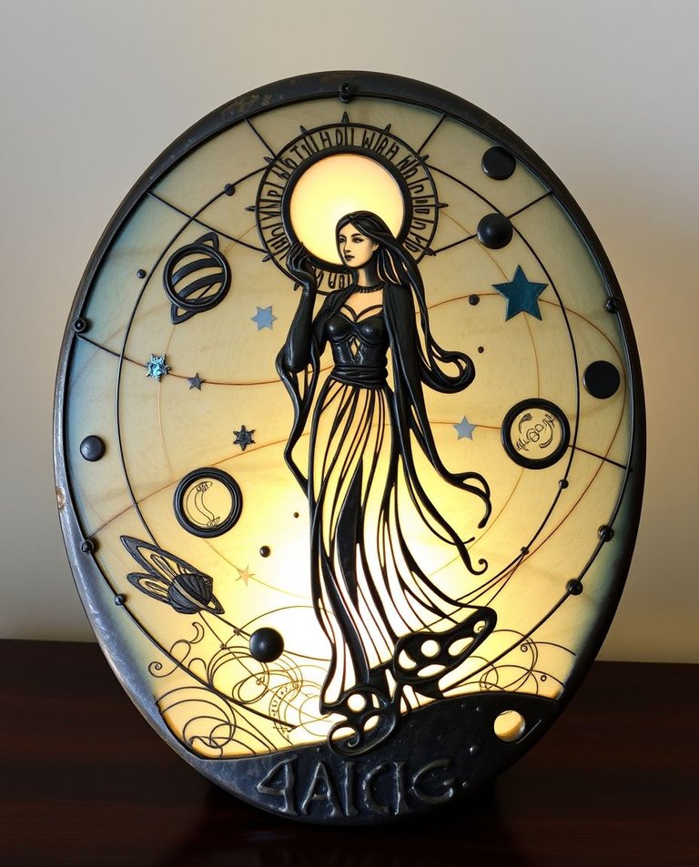 A creative light art piece with a cast bronze surface and antique patina finish. The art depicts a surreal solar system scene with intricate line work and abstract patterns.  A wise woman in a flowing dress, holdin.jpg