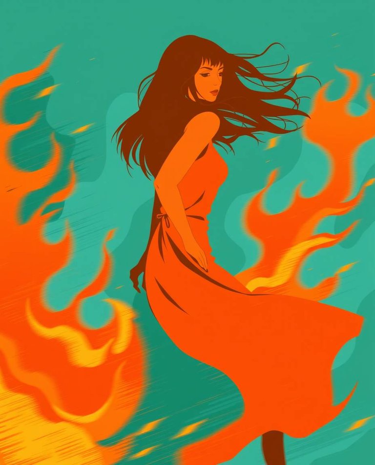 Dynamic motion illustration, silhouette of a Ukrainian woman with straight chestnut hair in a simple dress engulfed in flames, warm terracotta and cool teal color scheme, blurred lines, action pose, earthy and cool.jpg