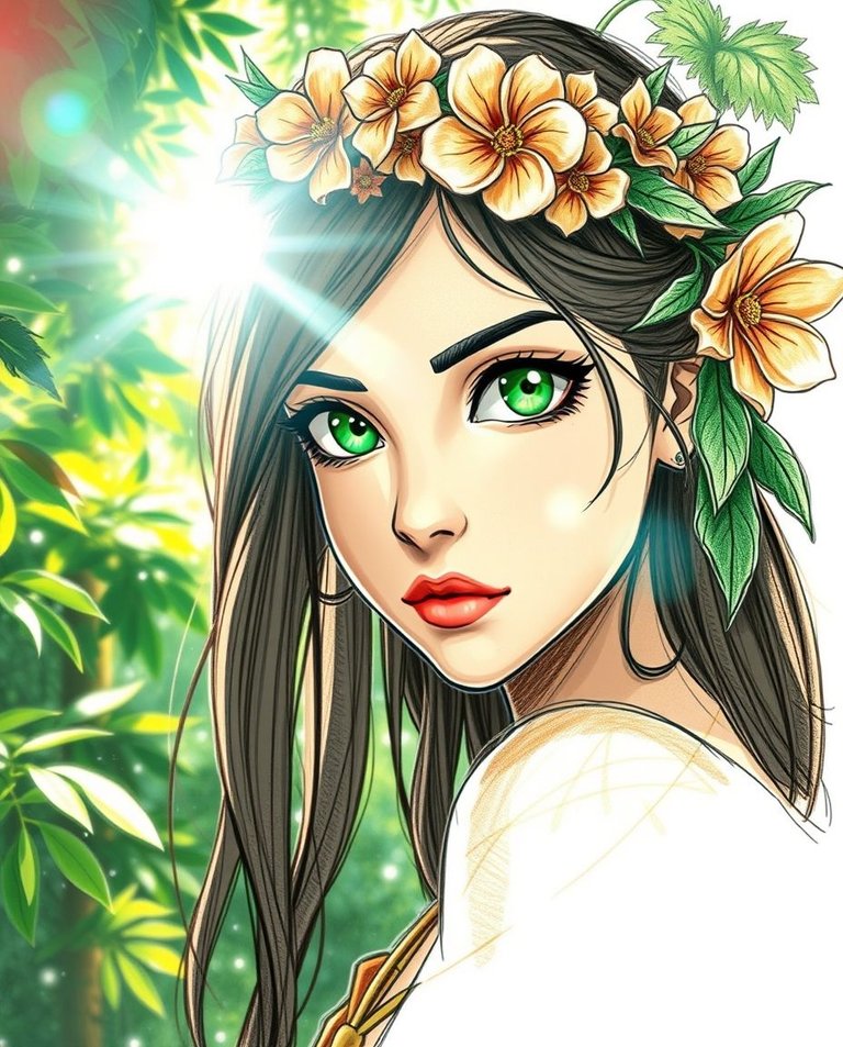 Hand-drawn sketch, bright lens flare, luminous cinematic keyframe, close-up nymph with striking green eyes, lush vibrant forest foliage, delicate floral wreath, slender features, diaphanous earth-toned tunic, styli.jpg