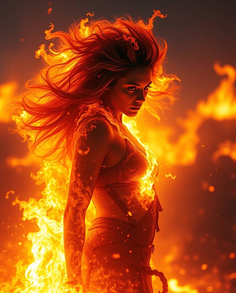 Epic scene, modern future, gentle soft light A woman transforming into a lion on a scorched battlefield.  Her body is engulfed in molten fire, facial features shift, hair is a raging inferno.  Lens glow lighting, d.jpg