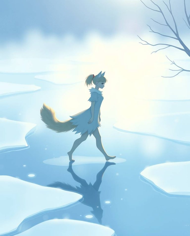 A soft pastel illustration of an anthropomorphic cat-woman with a fluffy tail, delicately walking on a frozen river.  Her elegant silhouette blends with the serene winter landscape. The scene is bathed in soft, pal.jpg