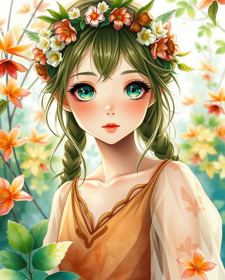 Delicate watercolor painting of a nymph with striking green eyes, wearing a diaphanous earth-toned tunic and floral wreath. Lush vibrant forest foliage surrounds her. Anime realism style, cinematic color grading, s.jpg