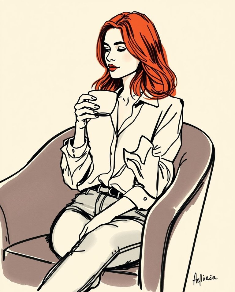 Hand-drawn sketch, color sketchnote style.  Intense black silhouette, red-haired woman, early 30s, serene expression.  Velvet armchair, flowing blouse, form-fitting jeans. Sipping coffee from a delicate cup against.jpg