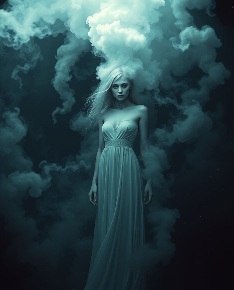 Eerie futuristic sci-fi scene, dark tones, unsettling details, a woman with light hair and gray eyes in a long dress dissolving into smoke within a swirling cloud, advanced technology, space e.jpg