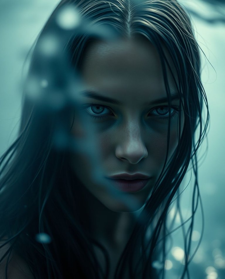 Tight close-up, soft cinematic haze, sea nymph emerging from shadows, ethereal figure illuminated by faint blue glow, long wet hair, piercing eyes, swirling seawater mists, soft focus, hazy background, detailed foc.jpg