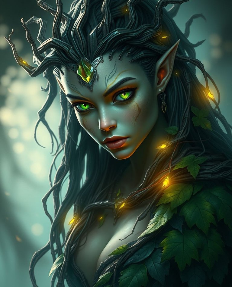 Digital painting, dramatic cinematic style with soft cinematic haze. Sleek mysterious dryad, skin shimmering bark and circuitry, hair glowing vines, piercing green eyes.  Wears pixelated leaf cloak. Vibrant colors,.jpg