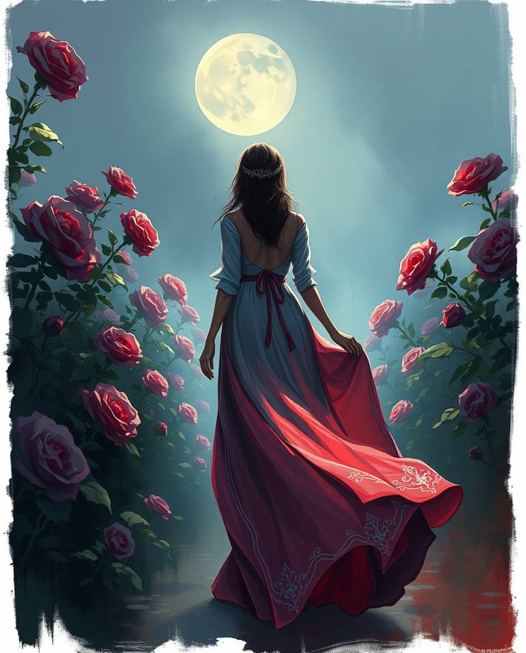 A dynamic digital sketch of a woman in a flowing gown strolling through a rose garden under moonlight. Tight close-up shot, complementary epic colors, misty atmosphere. Rough painterly strokes, rich textures, drama.jpg