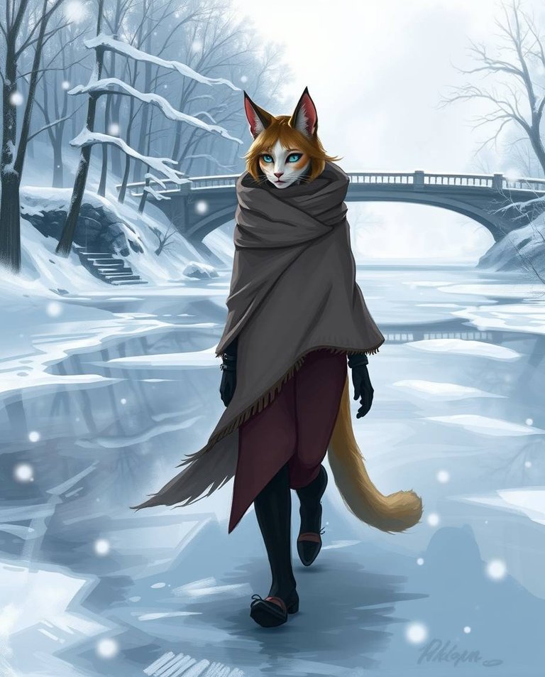 A digital sketch, painterly style, using loose strokes depicts a snow-covered frozen river. An anthropomorphic cat-woman with a fluffy tail, graceful features, and warm winter cloak walks delicately.  The scene fea.jpg