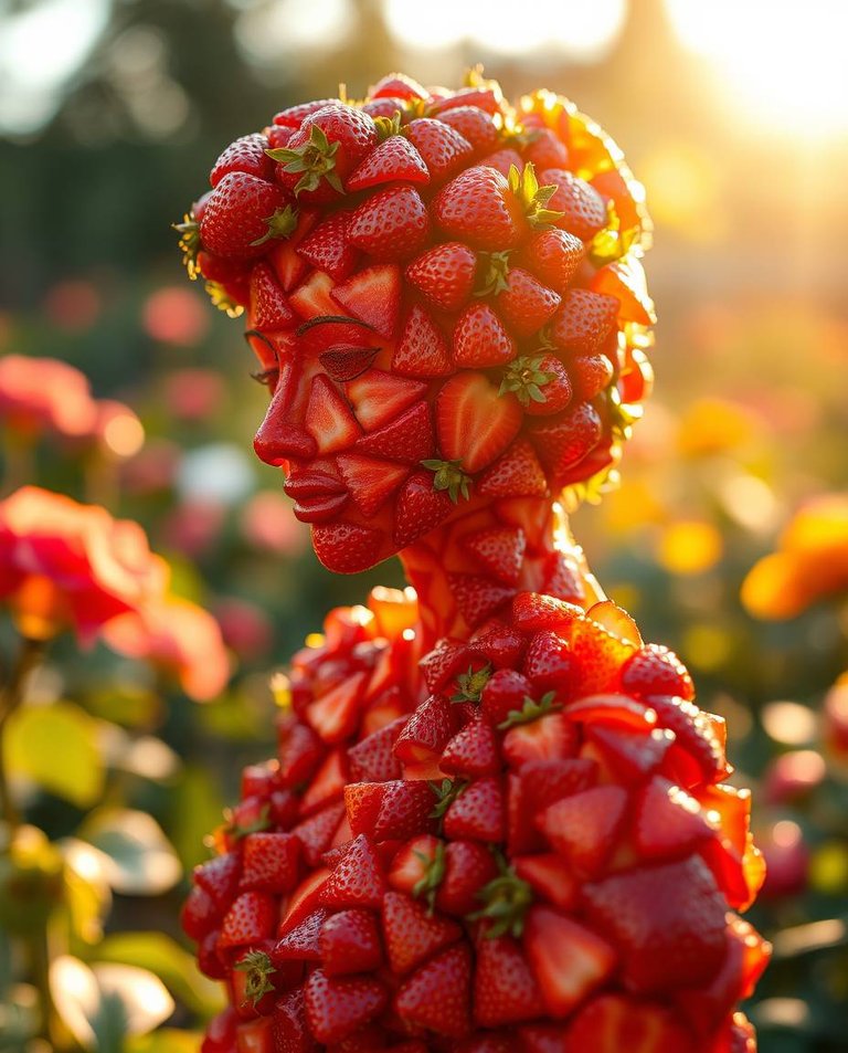 Warm close-up shot; detailed focus on a woman made of strawberry pieces in a sunlit garden; warm reds, oranges, and yellows, blurred background.jpg