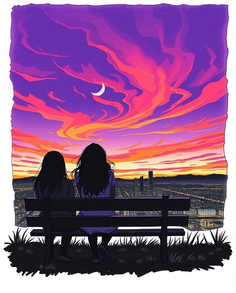 High contrast low key lighting hand-drawn sketch Color sketchnote style vibrant landscape photograph sunset sky purple pink orange swirling clouds silhouetted female figures seated bench facing horizon casual cloth.jpg