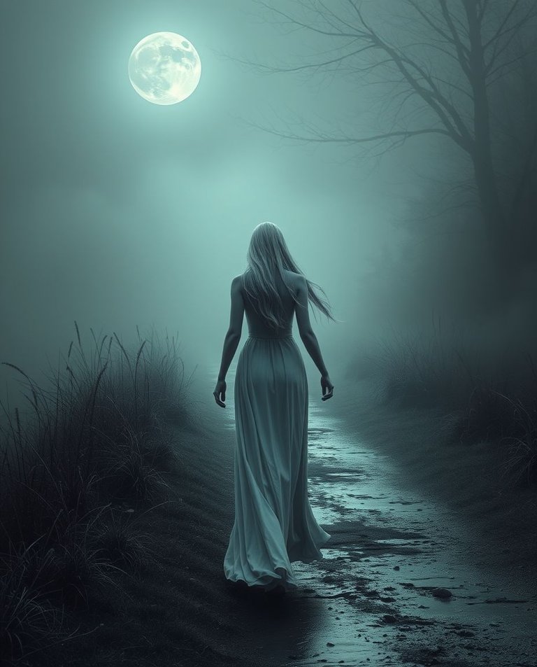 An image in the style of a cast bronze sculpture. A mystical woman with pale skin and long silver hair walks gracefully along a moonlit path, surrounded by fog. Infrared tones, surreal setting.jpg