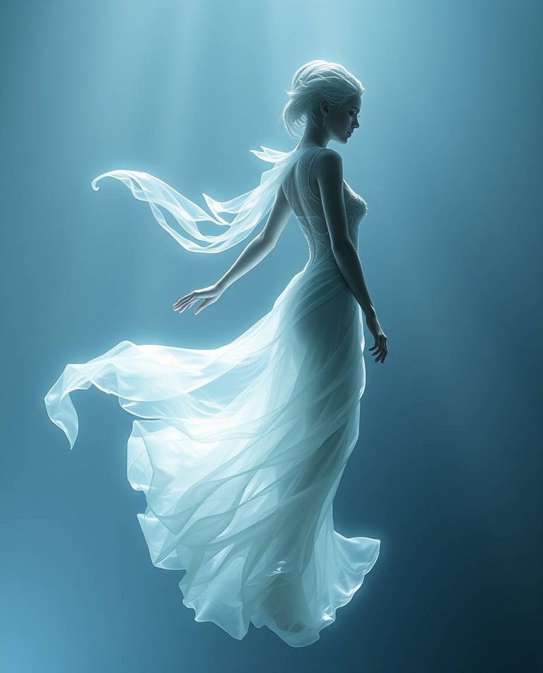 Gentle soft light, futuristic sci-fi style. Swirling water figure, translucent form with flowing liquid gown, in a space setting. Diffused shadows, subtle illumination, advanced technology elements.jpg