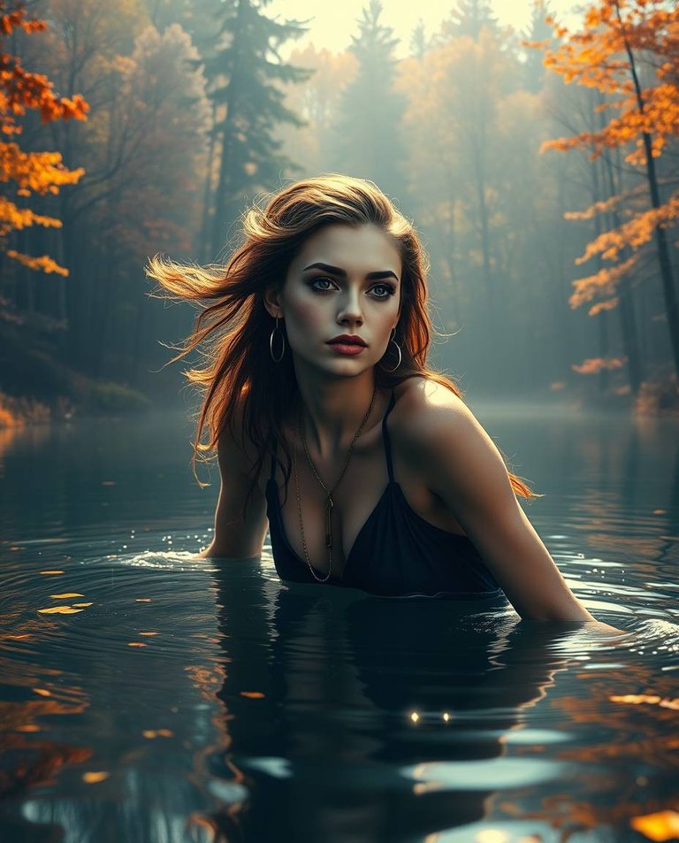 An autumn goddess with striking features glides across a tranquil lake in a serene forest, bathed in strong hard light and vibrant complementary colors.  The scene includes contrasting colors and balanced tones, wi.jpg