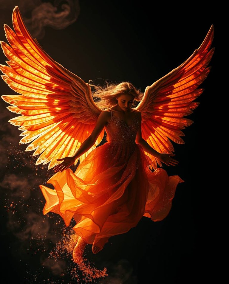 High contrast, low-key lighting image of a celestial angel in warm reds, oranges, and yellows.  Deep shadows create a dramatic effect.  The angel glides through swirling iridescent gas and stardust, her attire comp.jpg