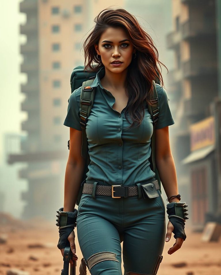 Cinematic photo of a female adventurer with warm skin tone, wearing a fitted jumpsuit and backpack, striding through a post-apocalyptic cityscape. Warm terracotta and cool teal, soft dreamy atmosphere, hazy soft li.jpg