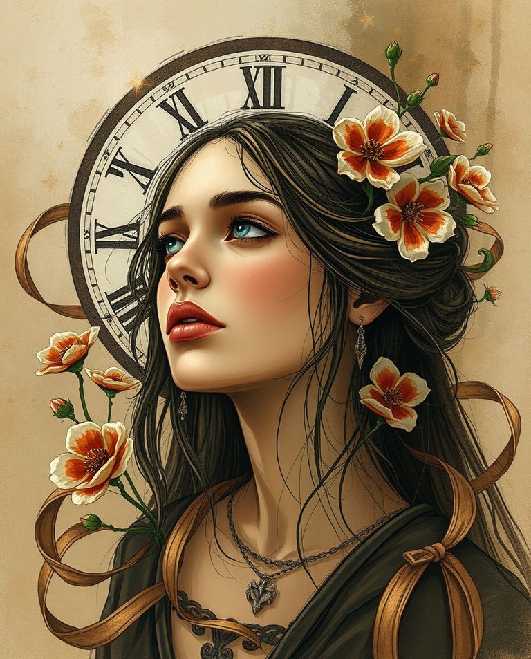 Digital sketch depicting a woman with tan skin, surrounded by time, stars, flowers, and ribbons. Natural earth tones, complementary epic colors, misty atmosphere. Loose, painterly strokes, 8k resolution, surreal, a.jpg