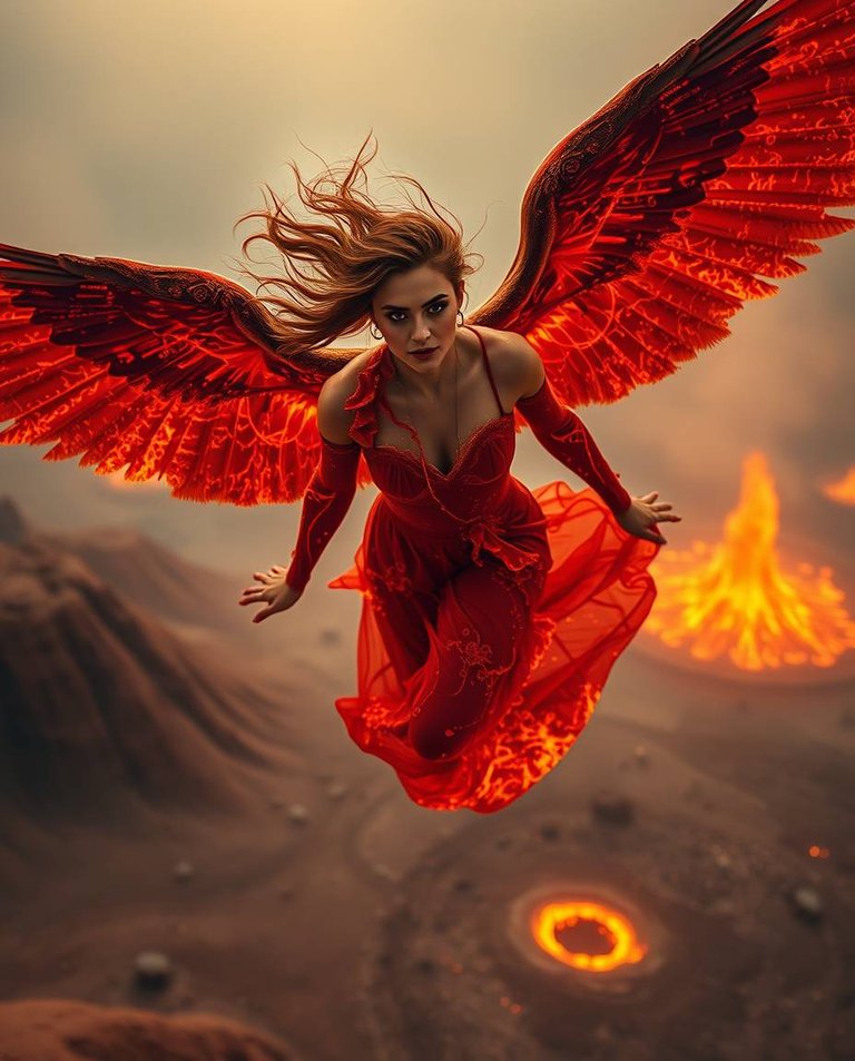 A high-angle shot depicts a mesmerizing winged woman, Lily-Rose Depp-esque features, composed of flowing liquid fire, soaring through a surreal landscape.  Warm autumn colors dominate, soft cinematic haze, with a h.jpg