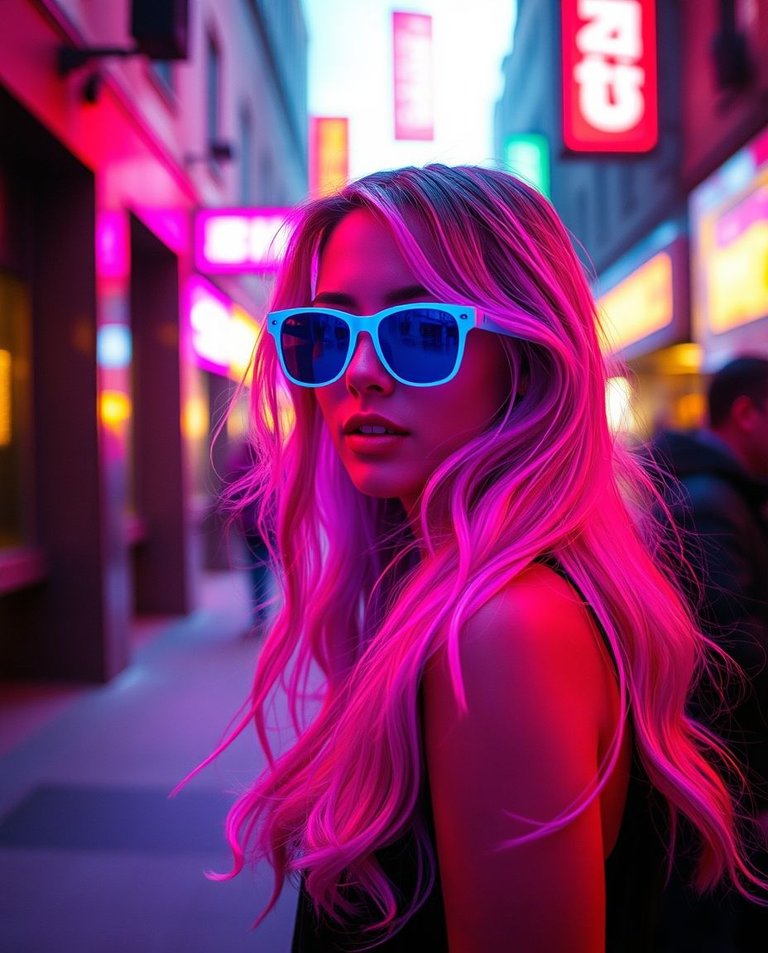 A candid street photography style image of a full body bioluminescent woman with long wavy hair, wearing blue sunglasses, in an urban setting.  The futuristic retro vaporwave style utilizes diffused shadows and sub.jpg