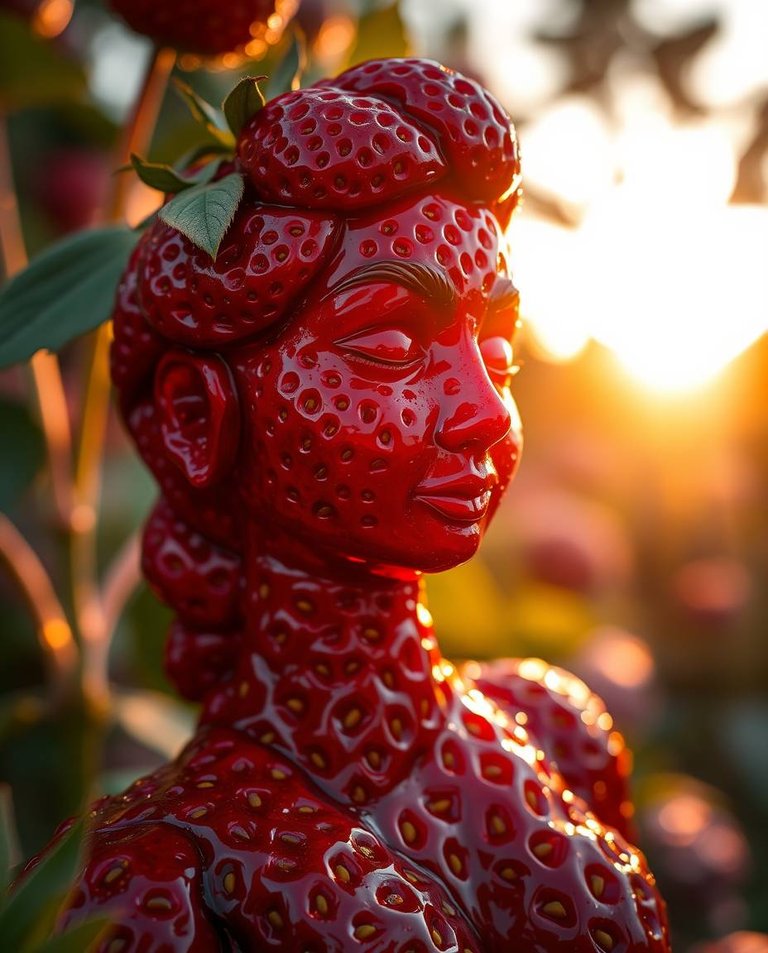 An extreme macro close-up photograph with long exposure captures a woman sculpted from shiny strawberry pieces in a garden at golden hour. Reds, oranges, and yellows dominate, showcasing motion blur and detailed te.jpg