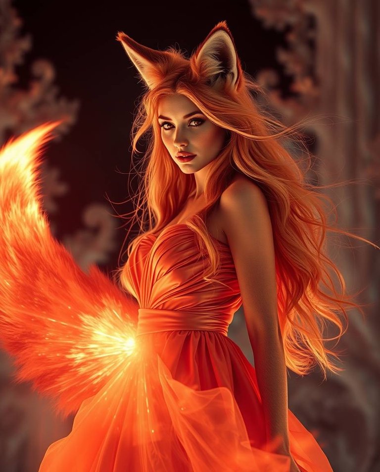 A surreal image in infrared tones with volumetric lighting. Depicts a woman transforming from a fox, her fiery red and golden fur shifting into a flame-silk gown.  Amber eyes, long flowing golden hair, and a lumino.jpg