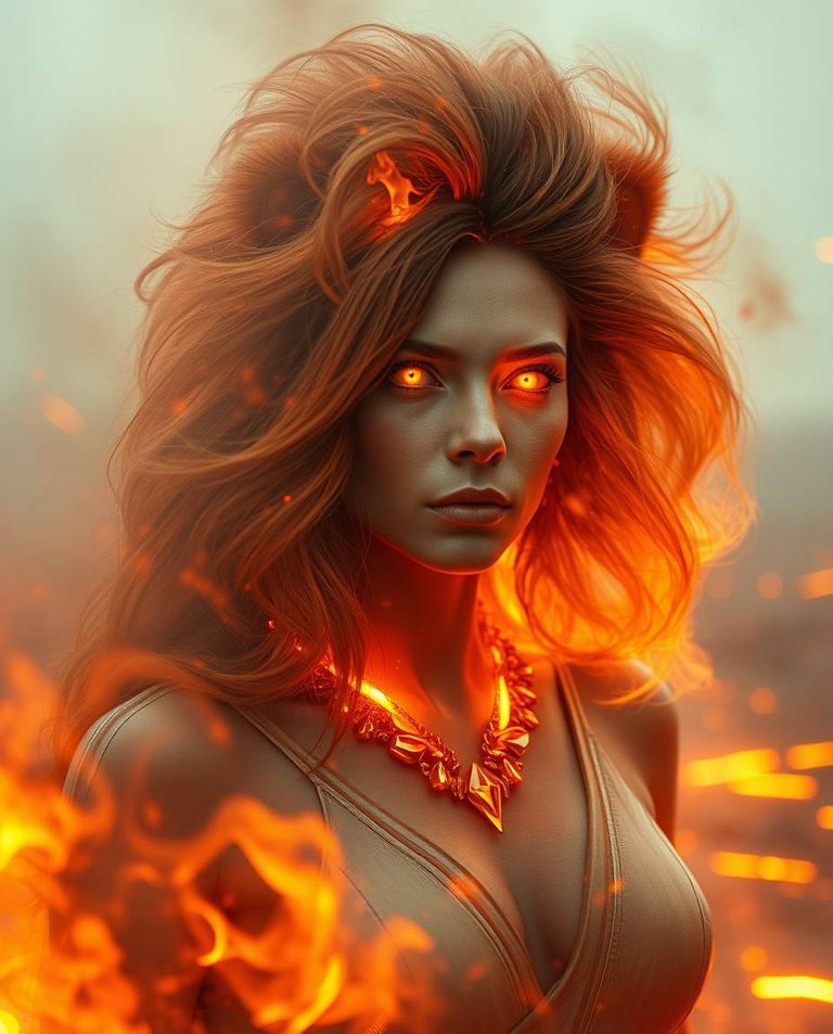 Futuristic sci-fi style photograph, soft cinematic haze, dreamy atmosphere. A woman transforms into a lion on a scorched battlefield, enveloped by molten fire. Her face and hair shift dramatically, her eyes burn wi.jpg