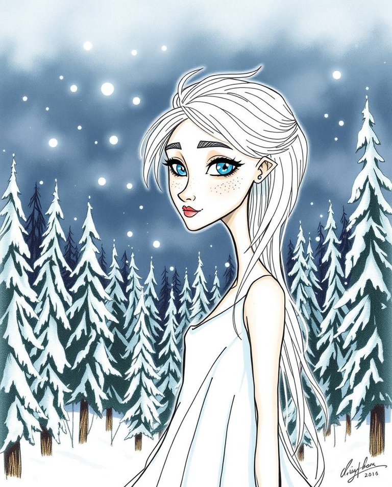 Hand-drawn sketchnote style, stormy skies. A slender winter goddess with icy-blue eyes, triangular face, thin lips, and pale, freckled skin, stands in a snow-covered forest.  Her platinum-blonde hair glistens, snow.jpg