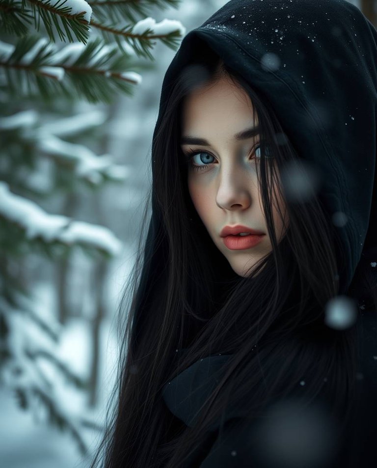 8K image. Long exposure photography, extreme macro close-up. Graceful woman, 25, long black hair, gothic black dress, cloak, hood. Snowy forest, fir tree, snowflakes. Soft winter light, calm expression. Motion blur.jpg