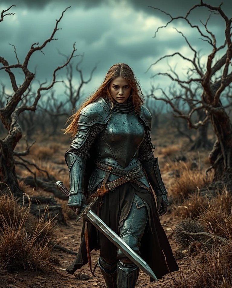 Strong hard light, natural earth tones. Browns, beiges, muted colors, direct harsh shadows. A female knight, with focused expression, walks through a dark, desolate landscape. Her dented armor catches glimpses of s.jpg