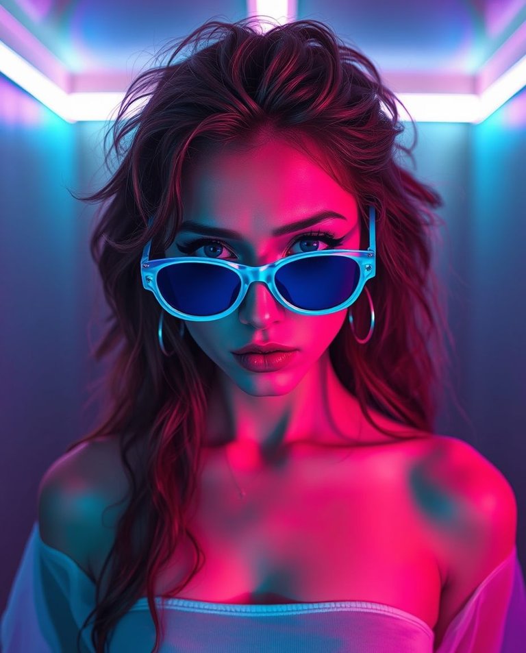 A full body portrait of a bioluminescent woman with long, messy wavy hair and blue sunglasses in a surreal and creepy atmosphere.  The image is rendered in soft pastel colors with dark, unsettling details. The futu.jpg