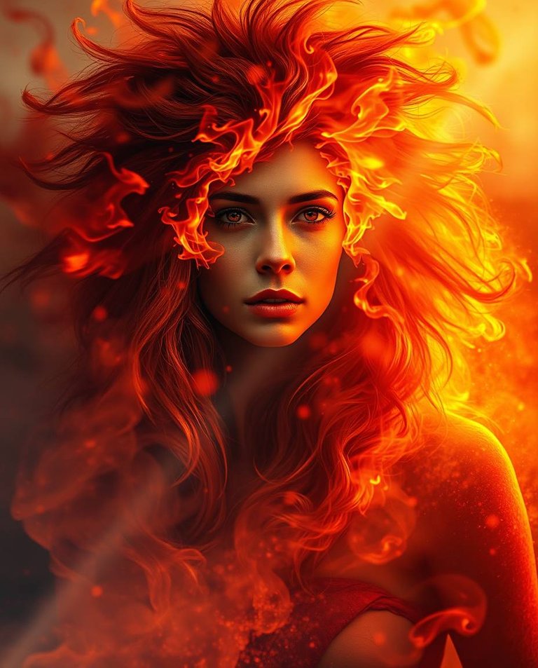 Ethereal spiritual vibe, volumetric lighting A woman transforming into a lion on a scorched battlefield.  Liquid fire engulfs her, her face shifts, her hair morphs into a fiery mane. Light beams through dust, a lig.jpg