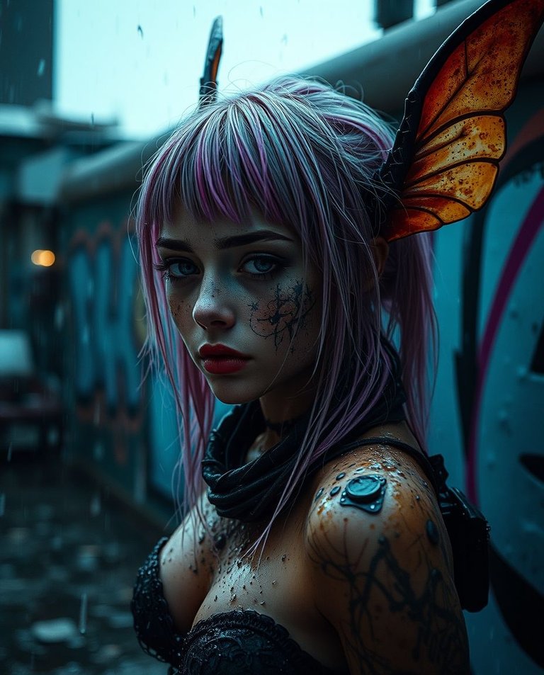 Strong moody style, wet rainy scene, drizzling rain, reflective surfaces, low contrast. Gritty enchanting nymph with dirt-smudged cheeks, ethereal freckles, neon hair against graffiti. Cyberpunk and fantasy element.jpg