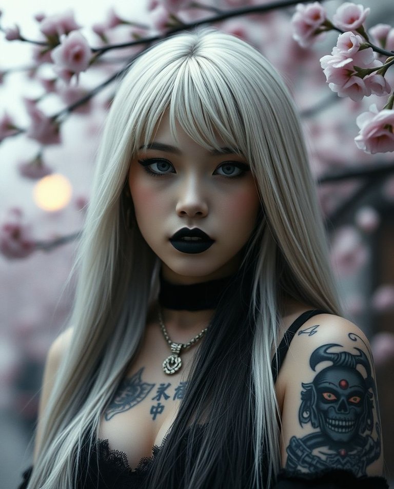 A 27-year-old Japanese gothic woman with long white hair, grey eyes, and black lipstick, adorned with Yakuza tattoos, stands against a soft-focus backdrop of Tokyo’s cherry blossoms.  Dramatic cinematic lighting, s.jpg