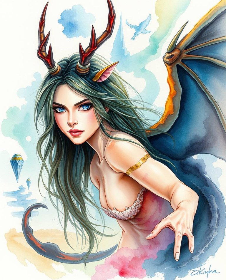 Dynamic watercolor painting. Woman with blue eyes, dragon wings, feline tail, antelope horns. Translucent washes, blurred lines, action poses. Surreal landscape with nebulae and floating islands. Fluid brushstrokes.jpg