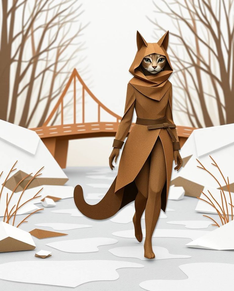 An illustration in natural earth tones, using an intricate origami style, showing an anthropomorphic cat-woman walking on a frozen river.  The folded paper aesthetic features geometric precision with a muted color .jpg