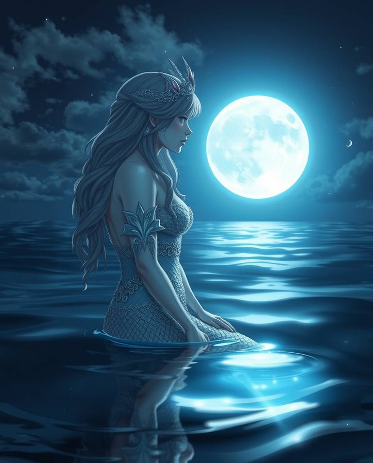 A cinematic photograph in Isekai anime style a silver mermaid queen, half-submerged in shallow water, gazing at the full moon. Expressive composition.jpg