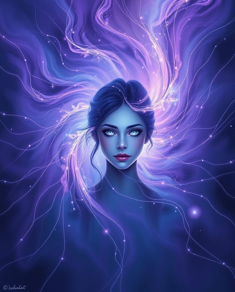 A digital painting depicting a feminine silhouette at the center, encircled by an iridescent swirling mist.  Her face is serene yet intense, eyes glowing like stars.  Invisible threads radiate outwards, traversing .jpg