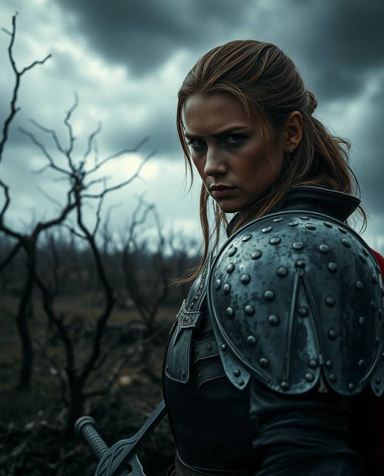 Intense close-up shot, high tension, stormy skies. A female knight, focused gaze, walks a dark, desolate landscape.  Her dented armor gleams in stormy light, sword leaving a faint trail. Bleak battlefield framed by.jpg