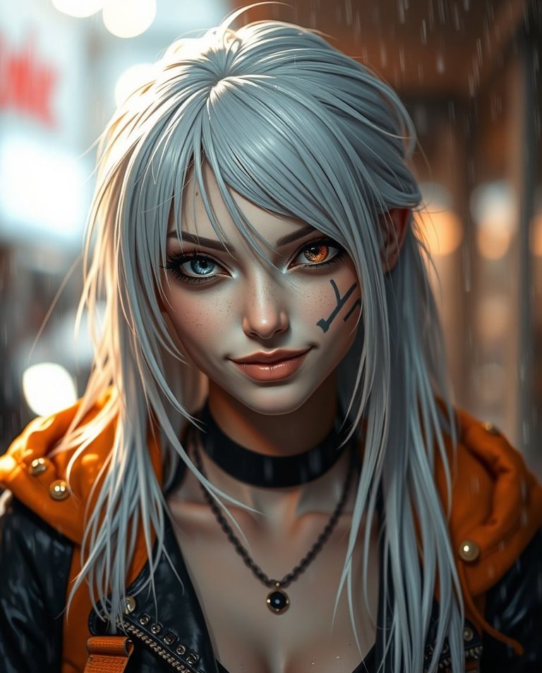 Wet rainy scene with blurred bokeh effect. A light-skinned female with long, white, stylized hair, one blue eye, one amber-orange eye, a black facial tattoo, and a mischievous smirk.  She wears black and orange acc.jpg