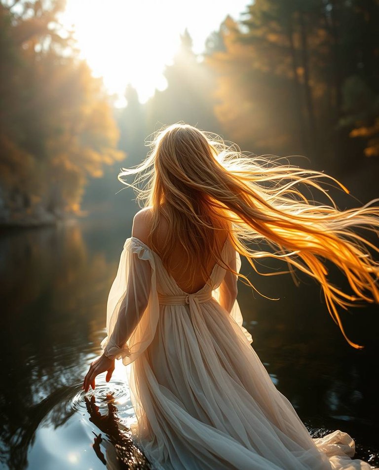 Long exposure photography, warm golden glow, dramatic cinematic style. An autumn goddess with flowing golden hair glides across a lake in an autumn forest. Film-like composition, radiant and luxurious, captures mot.jpg