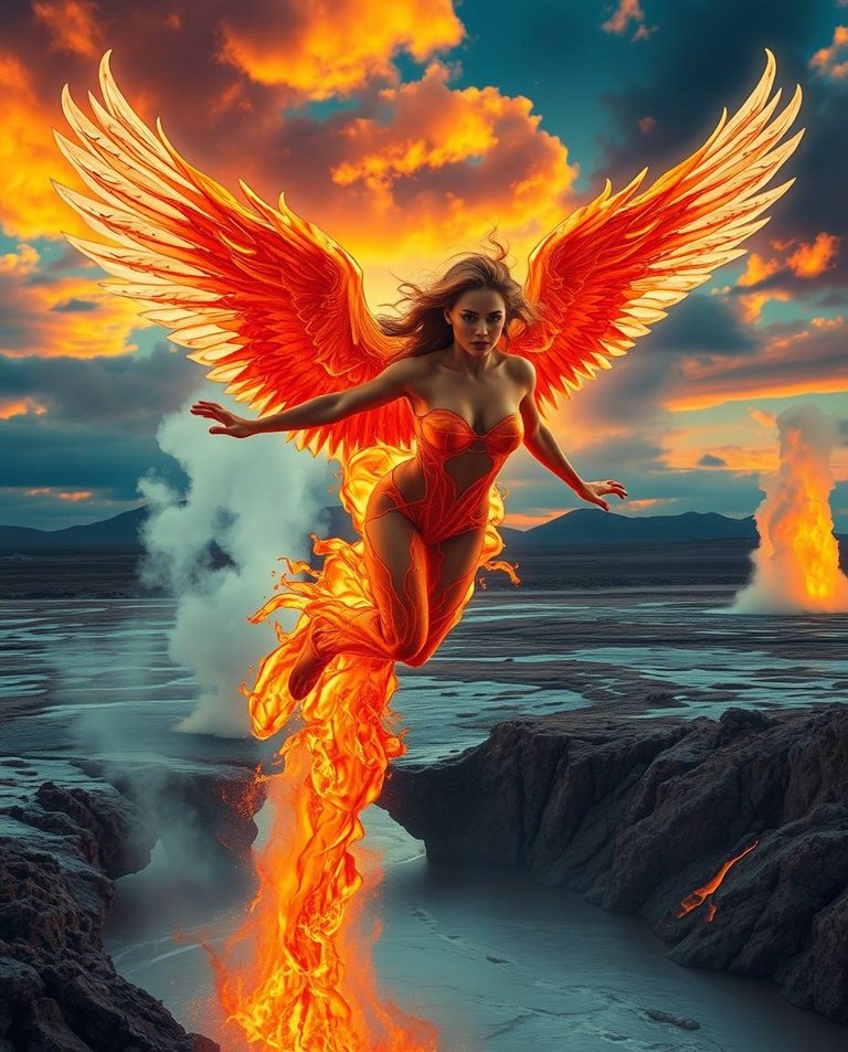 High-resolution stock photo. A winged woman, liquid fire form, sharp features like Lily-Rose Depp, soars through a surreal landscape.  Molten geysers erupt beneath a fiery sky. Commercial, professional quality.jpg