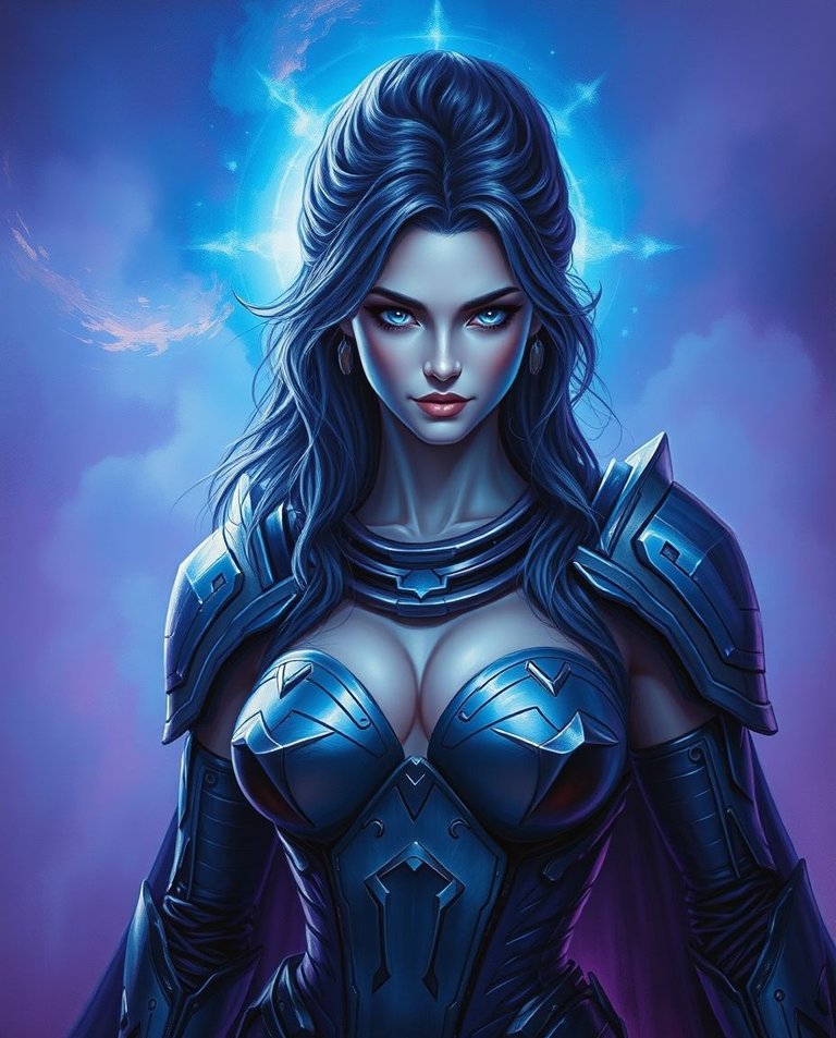 Classic oil painting, deep ultraviolet hues, a majestic warrior woman with sleek physique in futuristic armor, ethereal blue aura, eyes burning with divine intensity, cosmic mist background, 8K resolution, visible .jpg