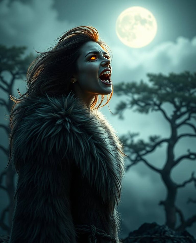 A high-resolution stock photo with a blurred bokeh effect. An extraordinarily beautiful woman transforms atop a misty mountain bathed in moonlight. Her fur coat merges with her body, glowing yellow eyes appear, and.jpg