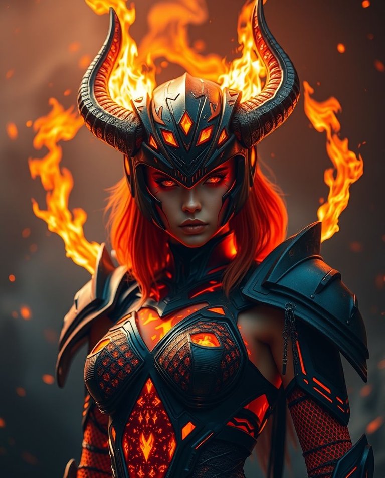 Warm autumn colors, warm golden hour light. Futuristic fiery warrior, lava body, feminine features, black and red armor. Menacing visor face, glowing lattice eyes, sharp horns. Fire whips. Dark sci-fi background, i.jpg