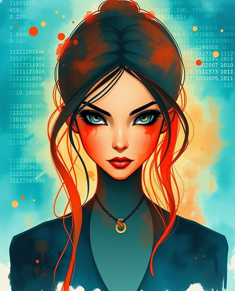 Watercolor painting, warm terracotta and cool teal, mysterious Shadow Princess of Cyberspace, silhouette against swirling digital codes, ethereal strokes, vibrant colors, intelligent mischievous eyes, reflecting fo.jpg