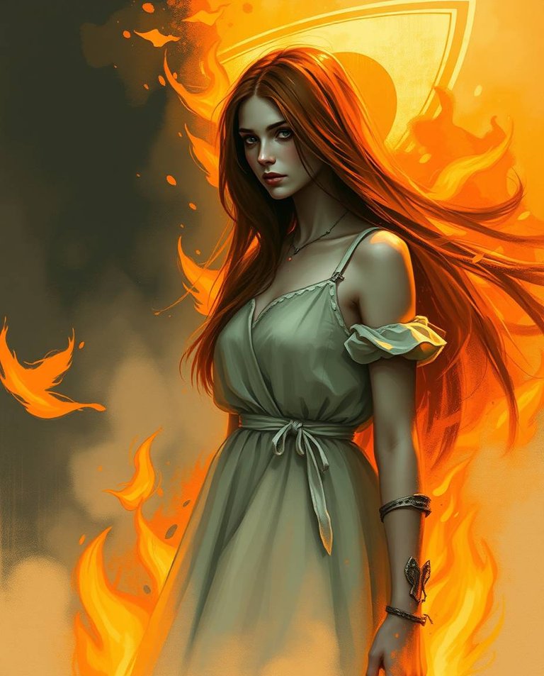 Misty atmospheric digital sketch, dynamic painterly strokes depicting a Ukrainian woman with straight chestnut hair in a simple dress engulfed in flames. Complementary epic colors, rich textures, dramatic lighting,.jpg