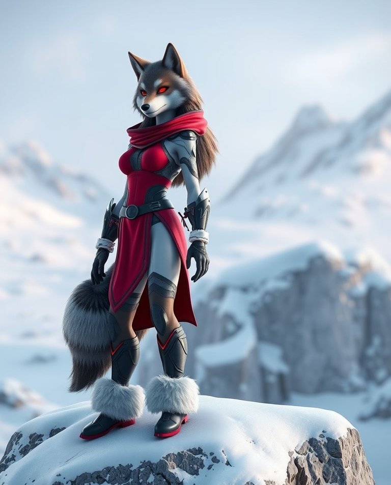 A majestic female wolf, human body with wolf head, in crimson tunic and fur boots, stands on a snow-covered rock. Futuristic sci-fi style, vibrant complementary colors, advanced technology elements, cinematic 3D an.jpg