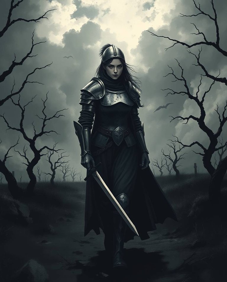 A chiaroscuro illustration depicts a female knight with determined features and pale skin, walking through a dark, desolate landscape. Her dented armor reflects stormy light, contrasting with deep shadows.  Twisted.jpg