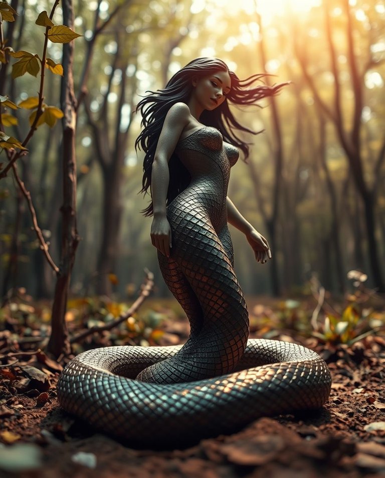 Serpent woman, upper body human female with radiant skin and flowing dark hair, lower body a serpent with iridescent scales, in an ethereal forest. Tilt-shift photo, low angle, dramatic lighting, textured papie (3).jpg