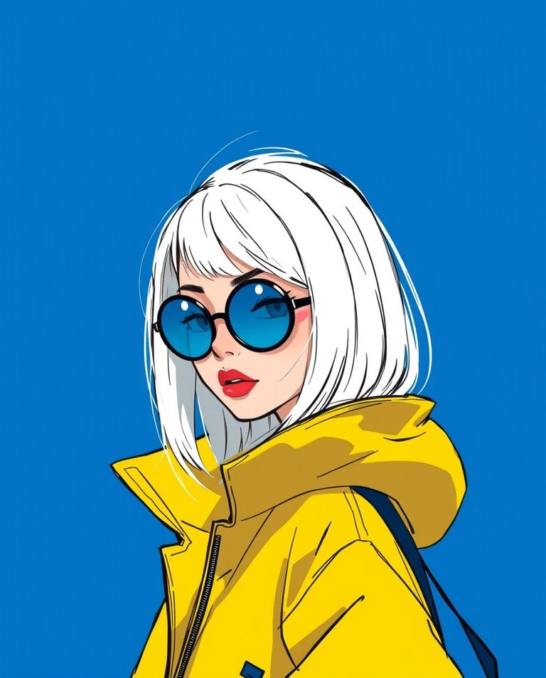 Vibrant digital sketch anime style woman, sleek white hair, round blue sunglasses, oversized yellow jacket, bold blue background, sharp minimalist aesthetic, high contrast shadows, black outlines, 80s retro-futuris.jpg