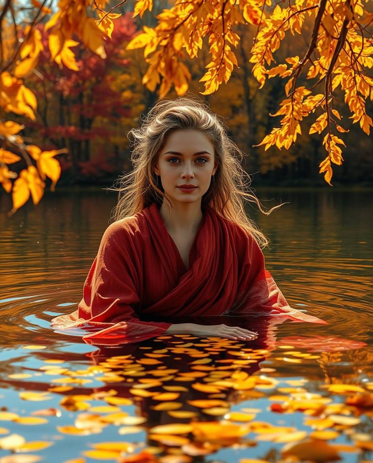 Extreme macro close-up high-resolution stock photo An autumn goddess with flowing robes, fair skin, and serene facial features glides across a tranquil lake.  The lake reflects deep red, amber, and yellow autumn tr.jpg